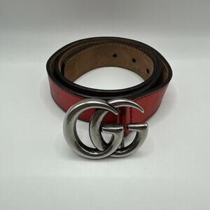 GUCCI Leather Belt Red Gg Marmont Double G Buckle Stylish - EUC